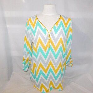 TACERA Womens M Sheer Chevron Blouse Yellow White teal gold Zipper flowy